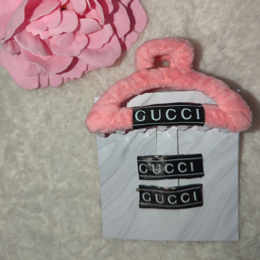 Gucci Pink Fur Hair Clip Trio Upcycled And Handmade From Authentic Gucci Ribbon